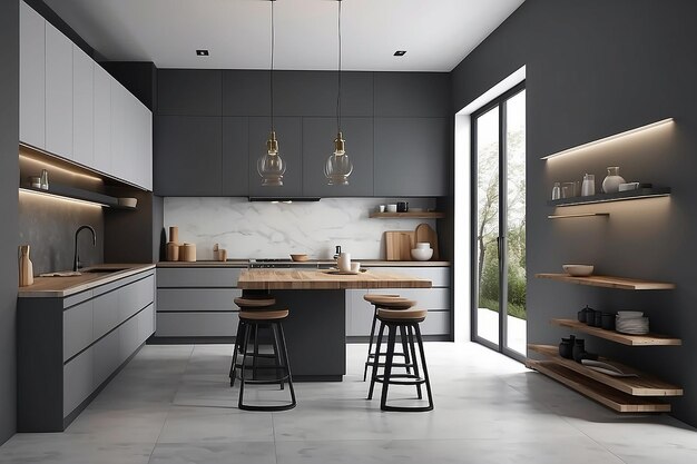 Photo kitchen interior in a modern style gray interior 3d rendering