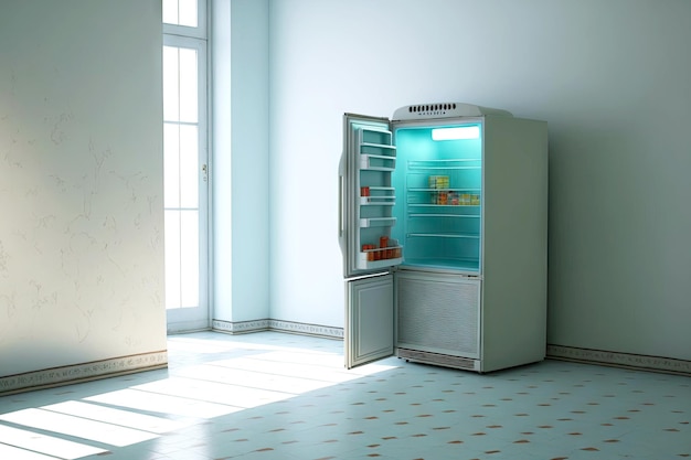 Kitchen interior outdoor big fridge with light inside standing in lobby against wall