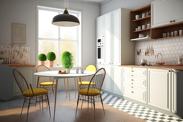 Kitchen interior in a retro design kitchen cabinet design with round bar table and parquet flooring