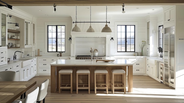 Kitchen Interior with Island Sink Cabinets and Hardwood Floors in New Luxury Home Generative Ai