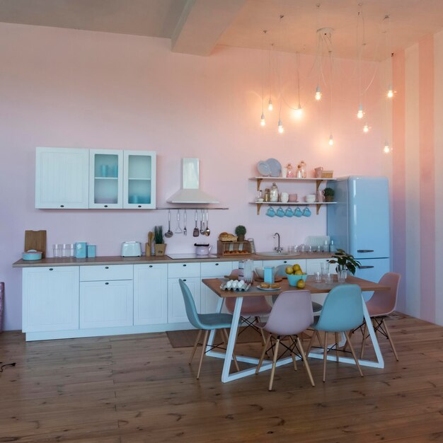 Kitchen interior with large dining table in modern apartment