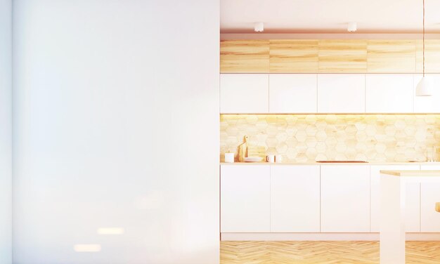 Kitchen interior with light wooden and white walls, white countertops, a table and a large blank wall fragment. 3d rendering, mock up, toned image