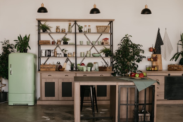 Kitchen interior with vintage fridge