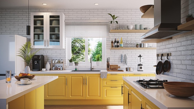 Интерьер кухни с желтым и белым цветом 3d рендеринга