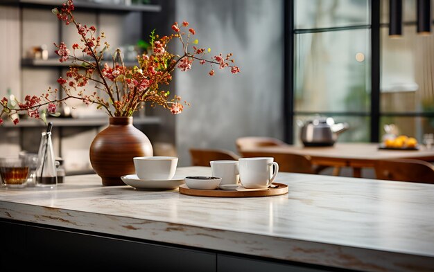 Кухонный остров с кофейным столом и цветами в вазе, украшенный в современной кухне