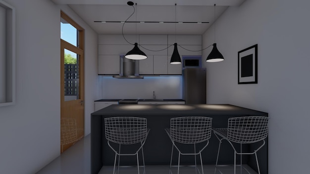 kitchen island design interior inspiration with hanging lamp 3d illustration