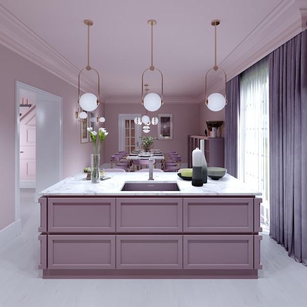 Kitchen island lilac color in trendy country style with light over and decor. 3D rendering.