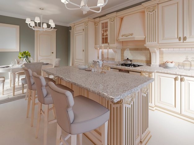 Kitchen island in a luxurious classic style kitchen. 3d rendering