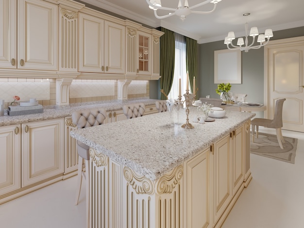 Kitchen island in a luxurious classic style kitchen. 3d rendering