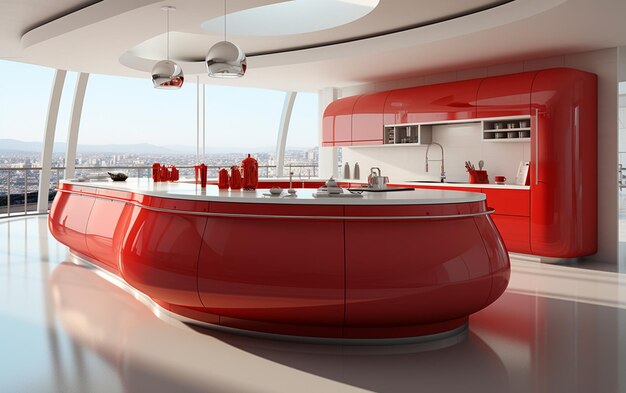 Photo kitchen island in red on a white backdrop