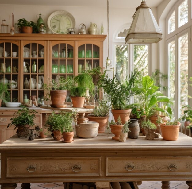 Premium Photo Kitchen island with planter pots and dishes