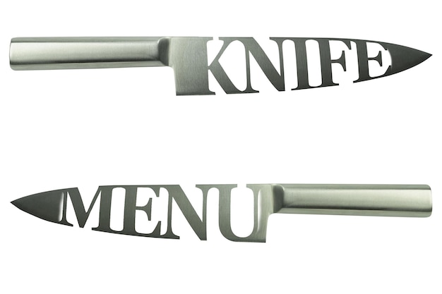 A kitchen knife on a white background with the inscription menu