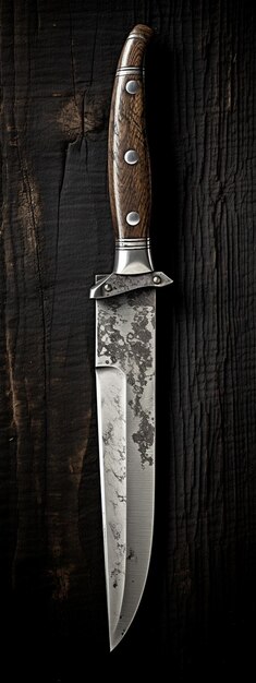 Foto coltello da cucina con manico di legno su sfondo nero