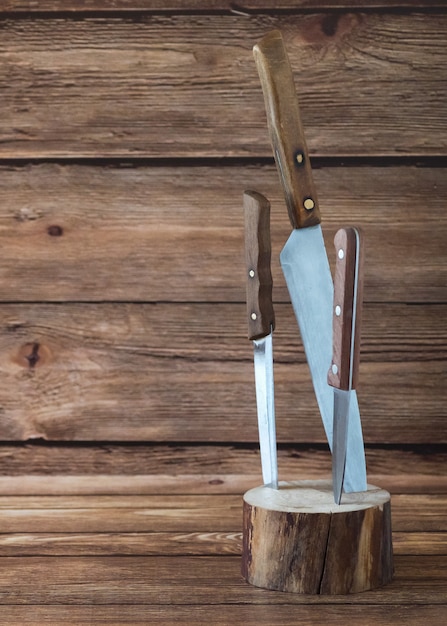 Kitchen knives stuck in a wooden stand.