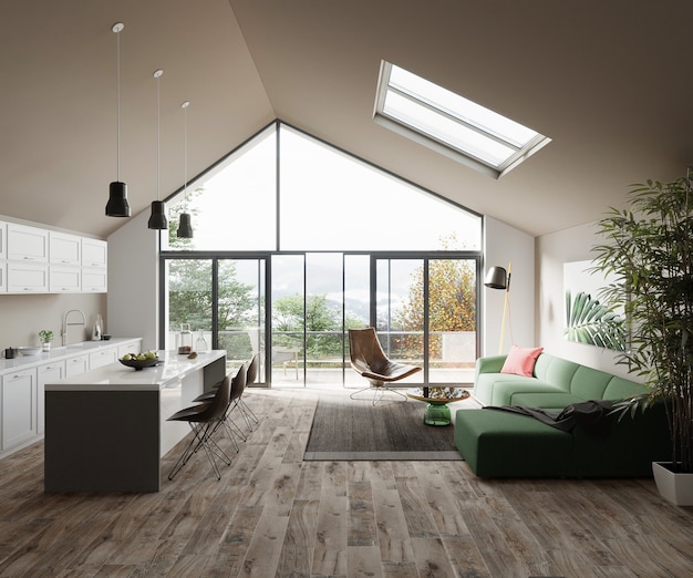 Мебель для кухни и гостиной в современном дизайне дома 3d визуализации