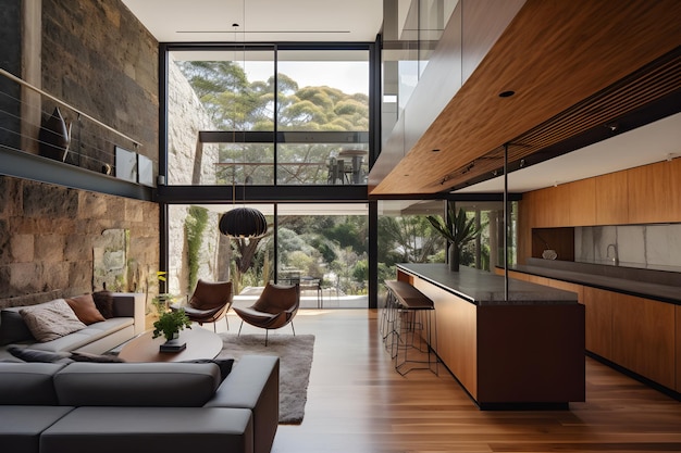 The kitchen and living room of the house are made of wood and has a large window that opens to the backyard.