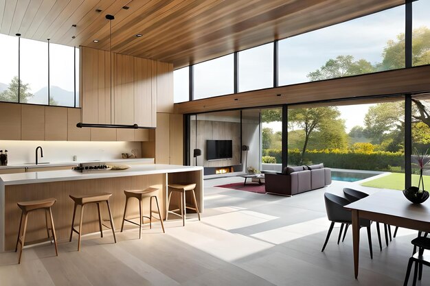 The kitchen and living room of a house are open to the outdoors