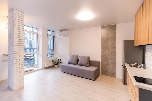 Kitchen and living room of loft apartment