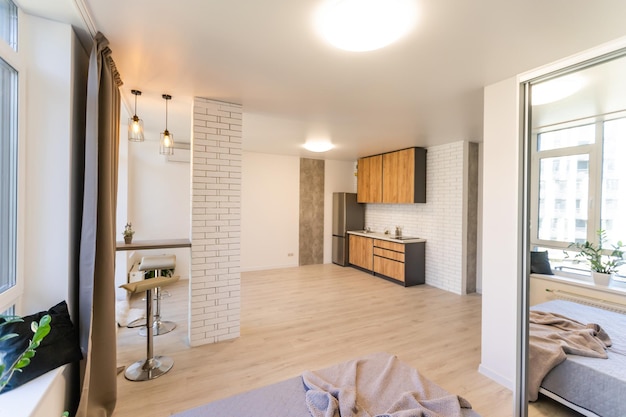 Kitchen and living room of loft apartment