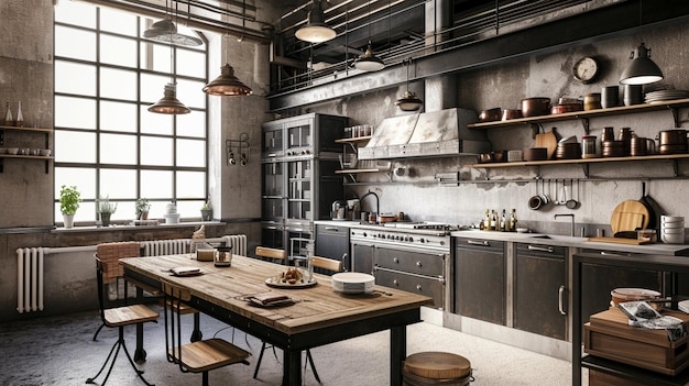 Kitchen in loft Industrial style stock photo Indoors Industrial Style Dining Room Generative Ai