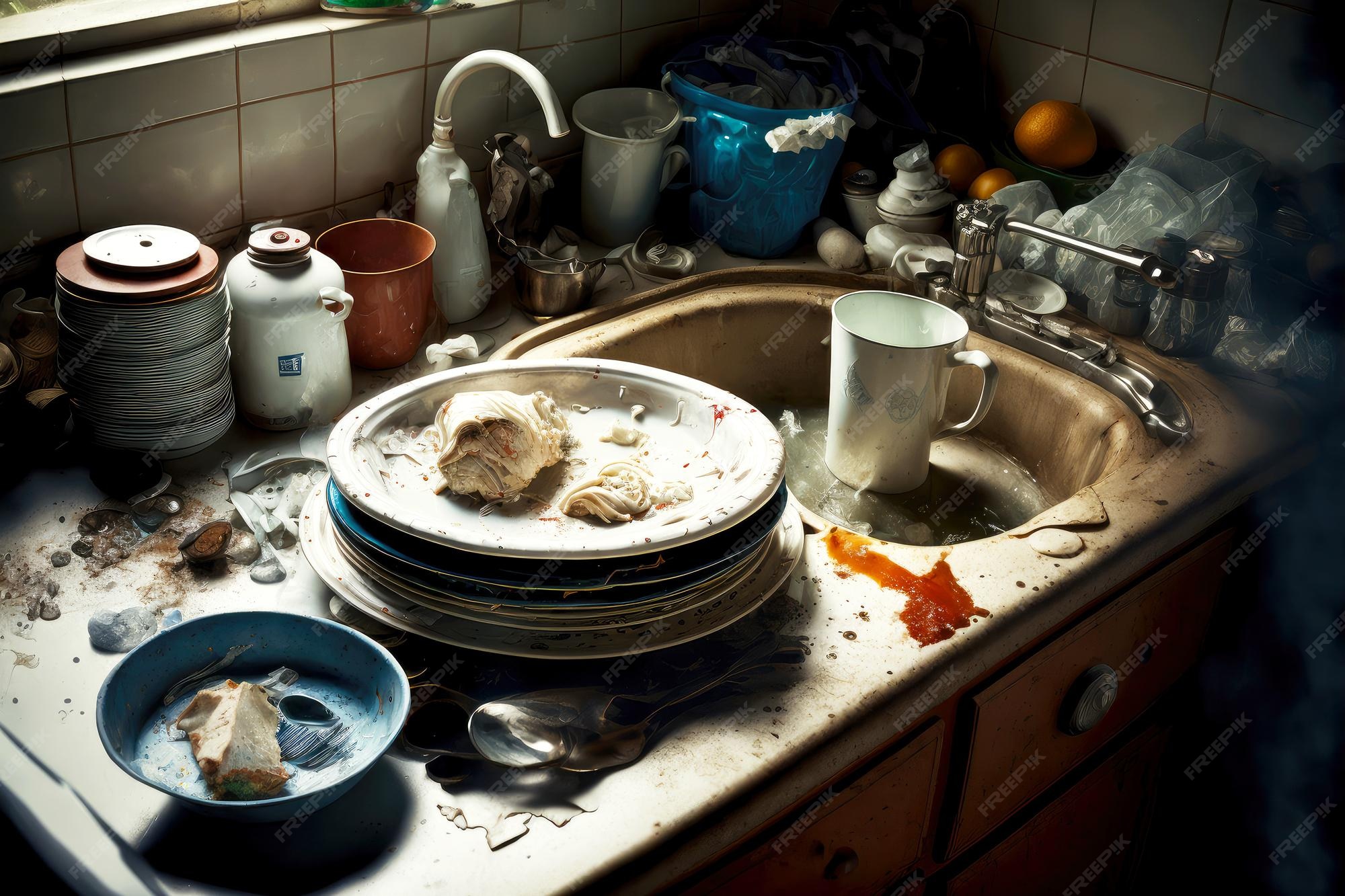 Premium Photo Kitchen mess in small double sink from dirty dishes