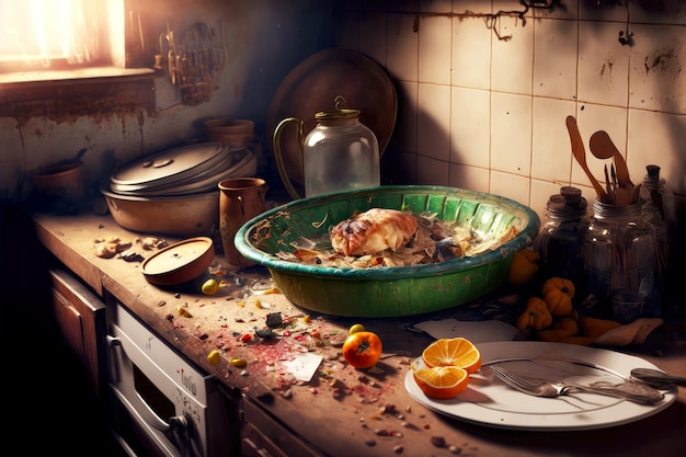 Premium Photo | Kitchen mess with disgusting smell from rotten food debris  in dirty plates and clogged sink in old k