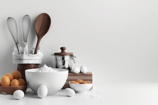 白い背景に卵麺棒ボウルと調理器具を備えたキッチンモックアップの背景テキストスペースキッチン装飾アイデアバナー
