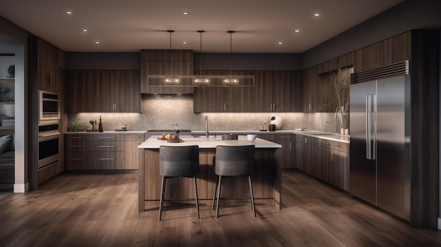 Kitchen in new luxury home with quartz waterfall island hardwood floors dark wood cabinets