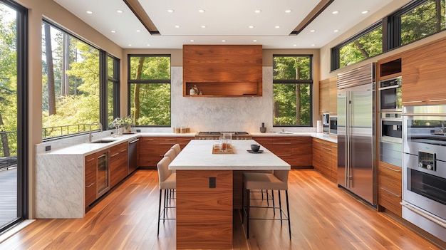 Kitchen in new luxury home with quartz waterfall island