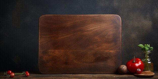 Kitchen old cutting board Brown board Kitchen utensils On a dark background Generative AI