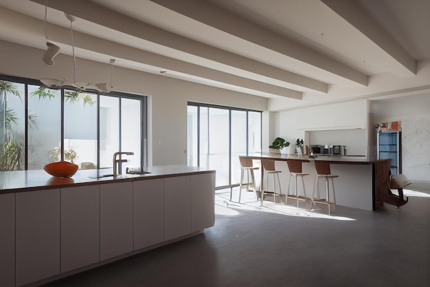 A kitchen in a postmodern home in the style of a minimalist
architecturewallpaper copy space background luxury housereal state
conceptfeatures large island with farmhouse sinkview of living
room