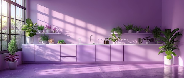 Kitchen in purple Studio in purple Smart apartment in 3D