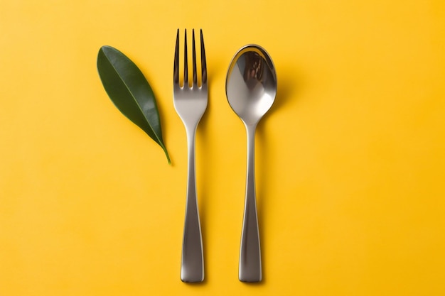 Kitchen reflective spoon and fork lie on a yellow table with a green leaf next to it