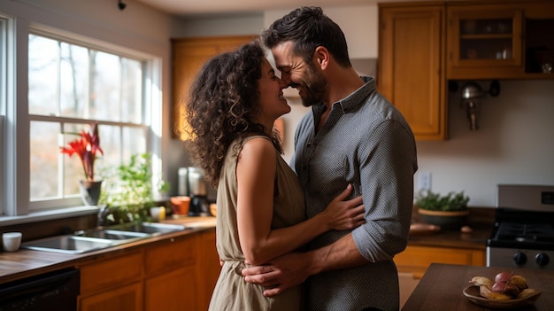 Foto romanza in cucina marito che gira la moglie con un bacio giocoso