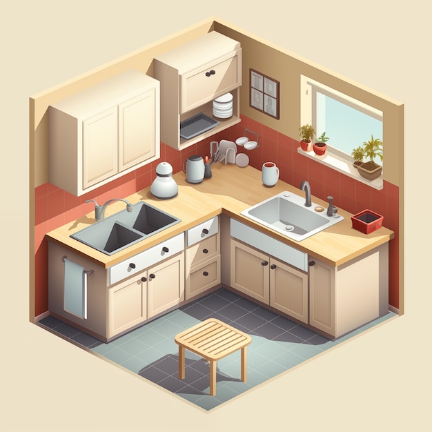 Kitchen room interior with furniture and household appliances in isometric style by generative Ai