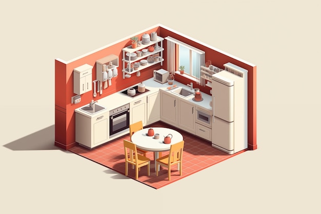 Photo kitchen room isometric by generative ai