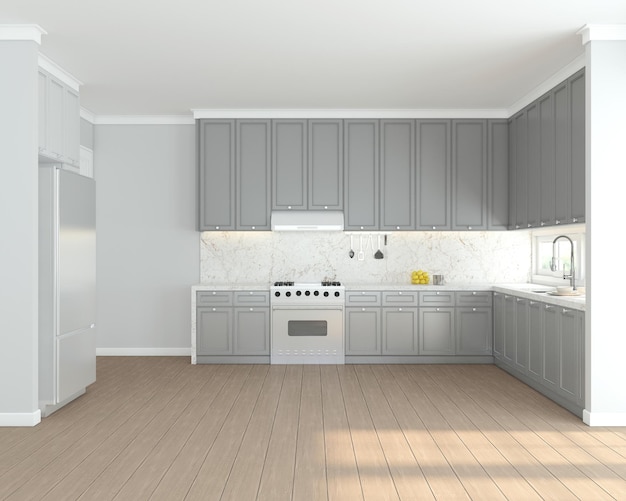 장식 디자인3d 렌더링의 밝은 회색 및 흰색 톤 내장 캐비닛이 있는 주방