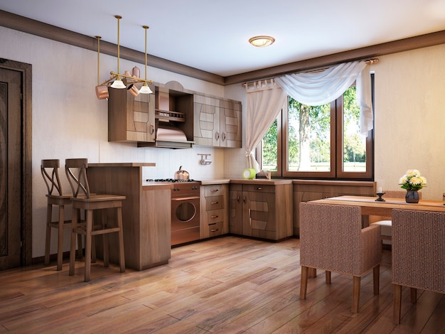 Kitchen rustic style with a dining table and wooden furniture. 3D rendering.