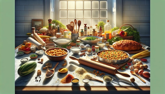 Kitchen Scene with Stuffing Preparation and Ingredients
