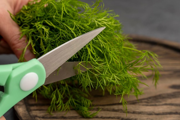 Kitchen scissors cutting dill in the kitchen on a cutting board