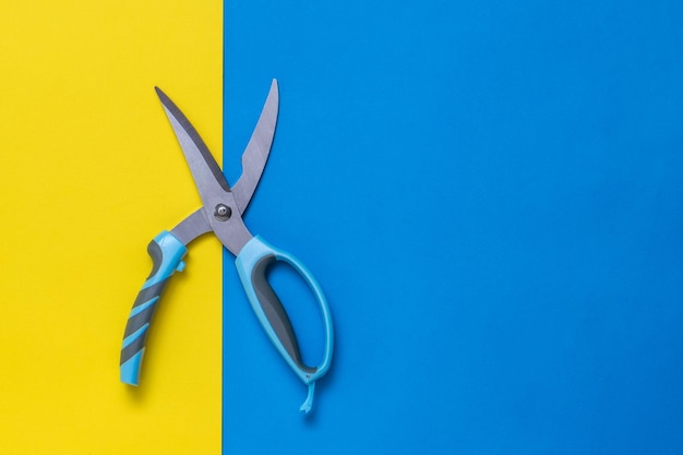 Kitchen scissors on a yellow and blue background Tool for the kitchen