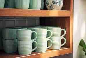 Photo in the kitchen a shelf holds several green plastic cups and mugs