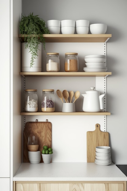 Photo kitchen shelves with pots and pans on them generative ai