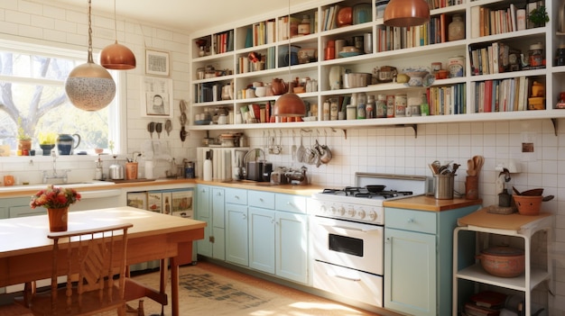 A kitchen showcasing numerous shelves filled with books