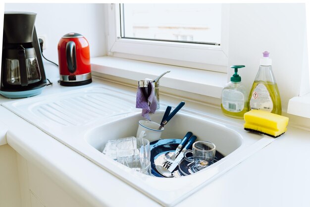 Kitchen sink filled with dirty dishes