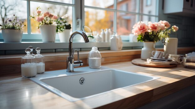 Kitchen sink very clean white and day view