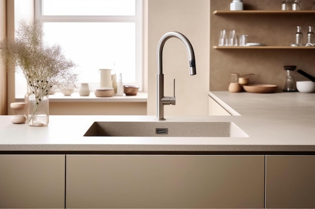 A kitchen sink with a faucet and a shelf behind it.