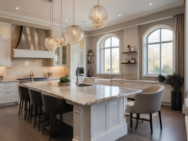 The kitchen space in the new luxury home designed and decorated with high end features and luxuriou