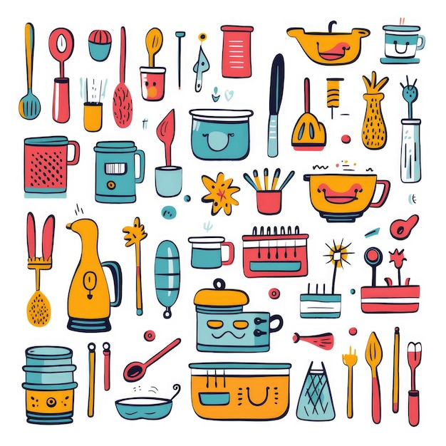 Kitchen supplies colorful set of doodles on white background Generative AI