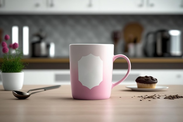 Фото Макет кофейной чашки кухонного стола размытая розовая кружка с ручкой для горячих напитков шаблон брендинга